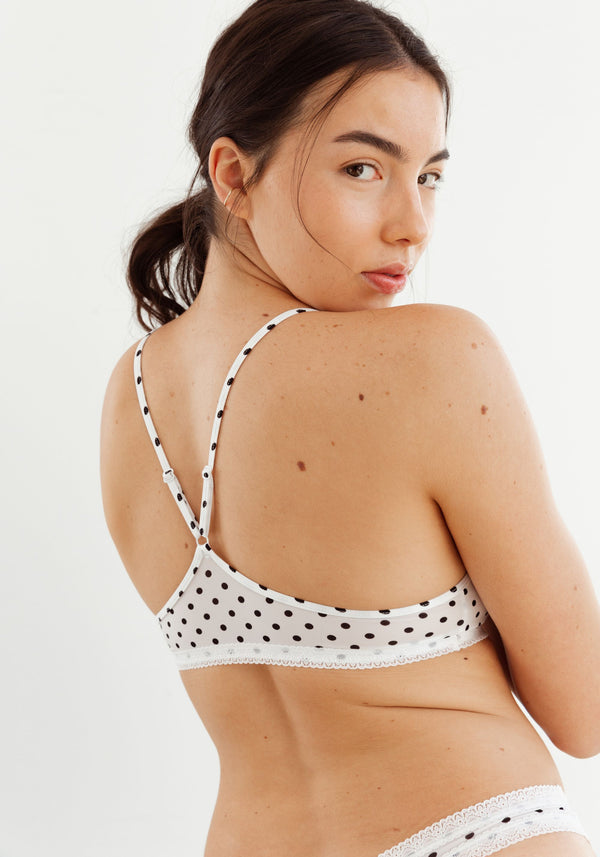 model is wearing an S bralette-multi,white the micro lace trim bralette