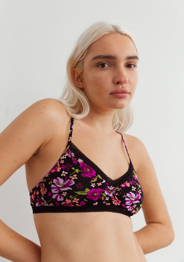 model is wearing an S bralette-black,multi the micro lace trim bralette