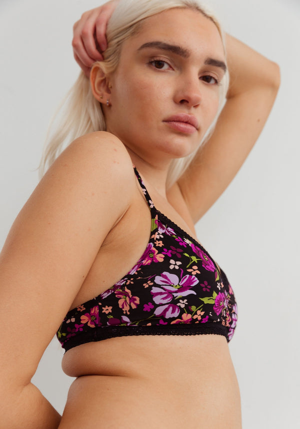 model is wearing an S bralette-black,multi the micro lace trim bralette