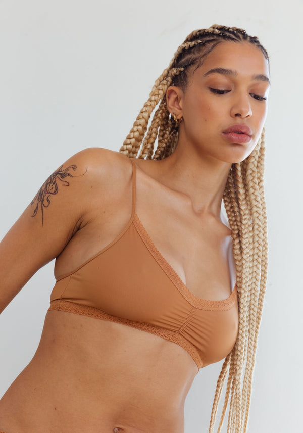 model is wearing an M bralette-brown the micro lace trim bralette