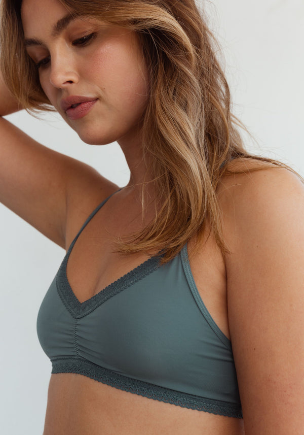 model is wearing an S bralette-green the micro lace trim bralette