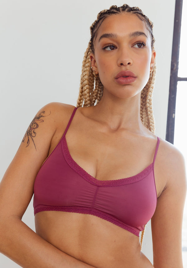model is wearing an M bralette-pink the micro lace trim bralette