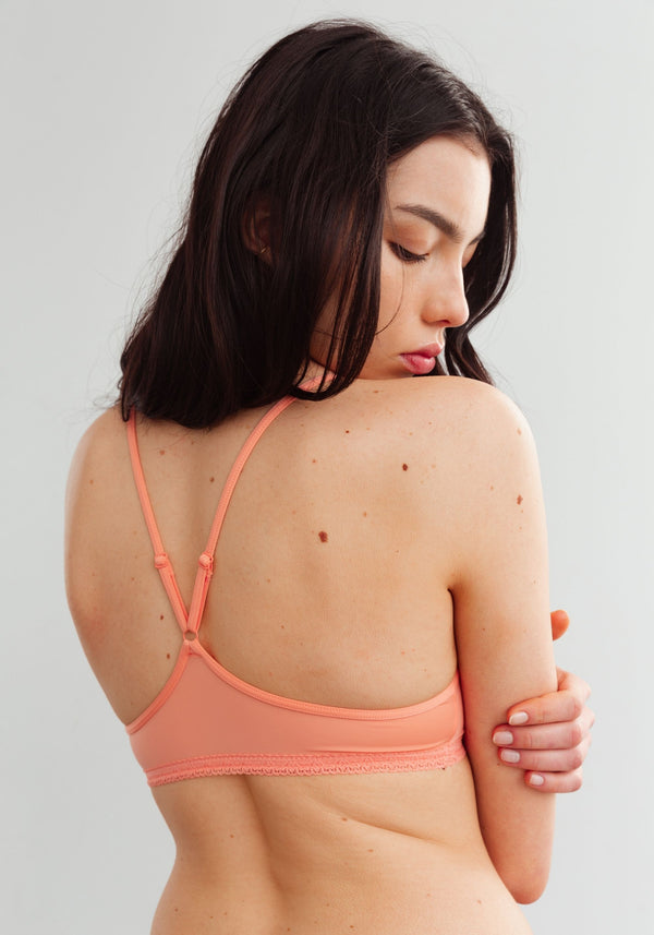 model is wearing an S bralette-orange,pink the micro lace trim bralette