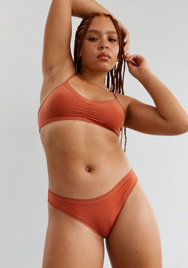 model is wearing an M panty-orange,red the micro lace trim thong