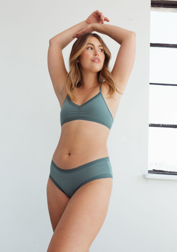 model is wearing an M panty-green the micro lace trim hipster