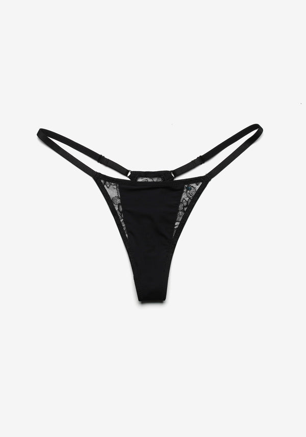 model is wearing an M panty-black stellar thong