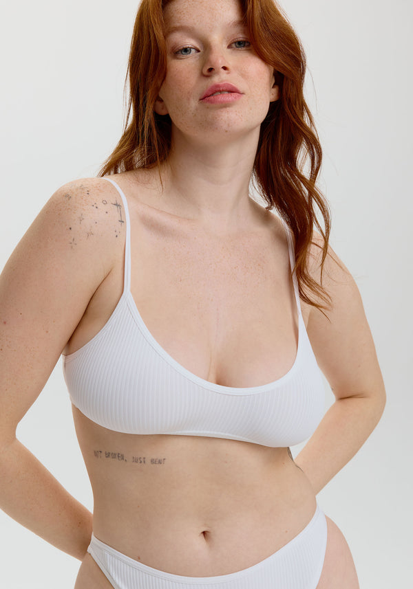 model is wearing an M bralette - white the rib bralette