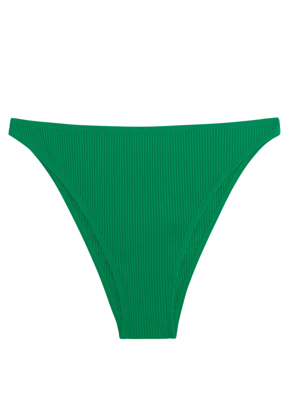 model is wearing an S panty-green the rib high leg bikini