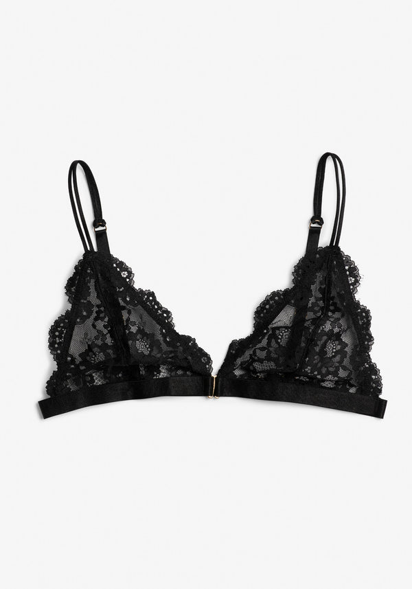 model is wearing an S bralette-black maze bralette