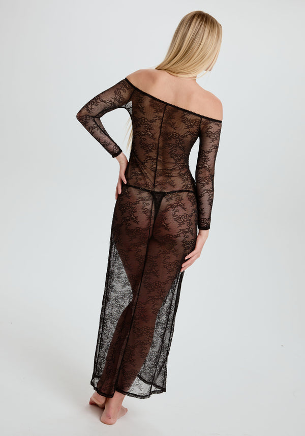 model is wearing an S maxi dress - black cascade maxi dress