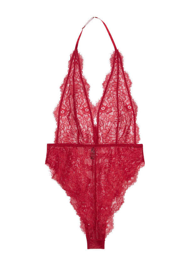 model is wearing an S bodysuit-red iris bodysuit
