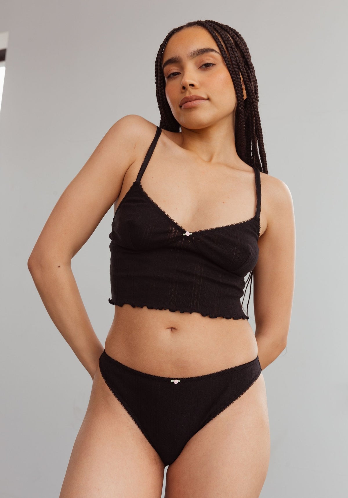 model is wearing an S cami-black dream cotton pointelle crop cami