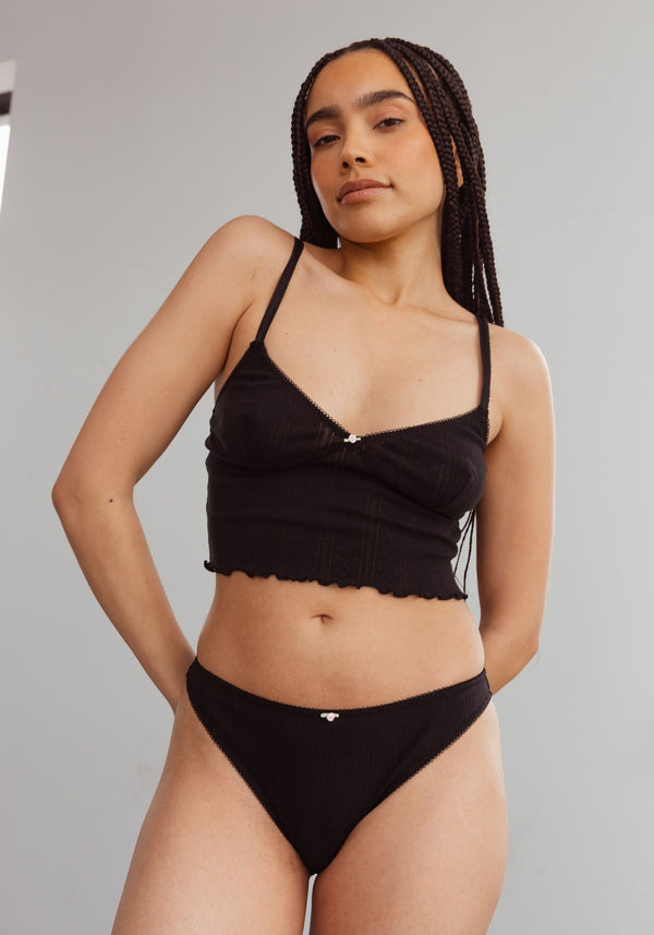 model is wearing an S cami-black dream cotton pointelle crop cami