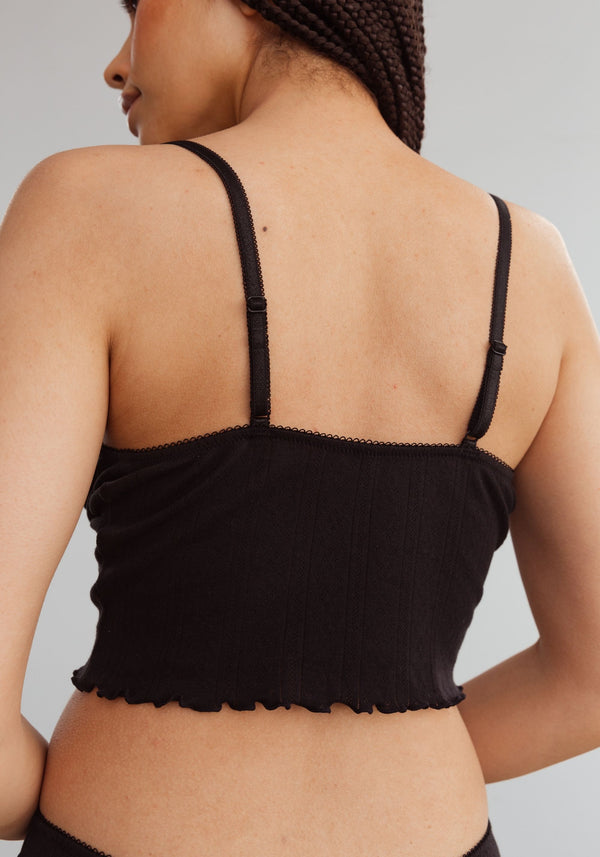 model is wearing an S cami-black dream cotton pointelle crop cami