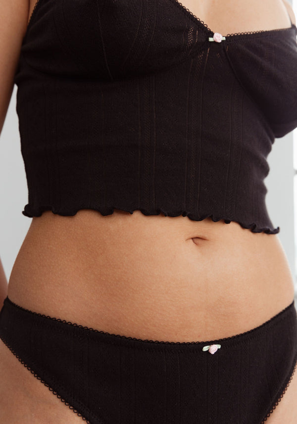 model is wearing an S cami-black dream cotton pointelle crop cami