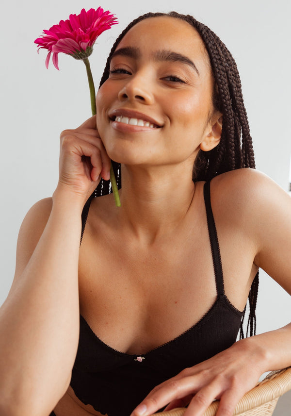 model is wearing an S cami-black dream cotton pointelle crop cami
