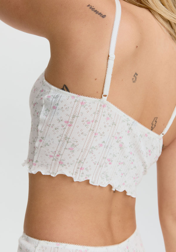 model is wearing an S cami - multi,white dream cotton pointelle crop cami