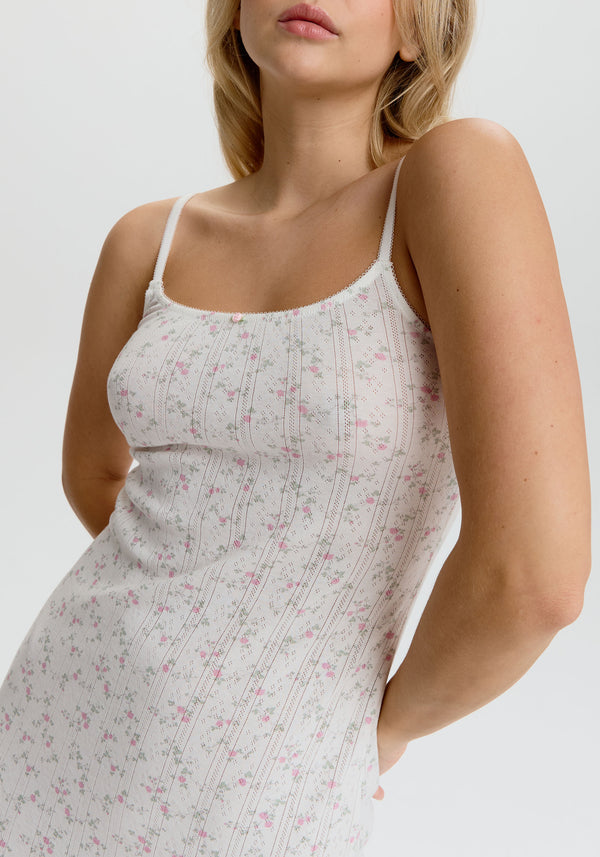 model is wearing an S midi dress - multi,white dream cotton pointelle midi dress