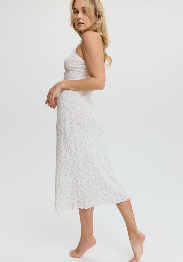 model is wearing an S midi dress - multi,white dream cotton pointelle midi dress