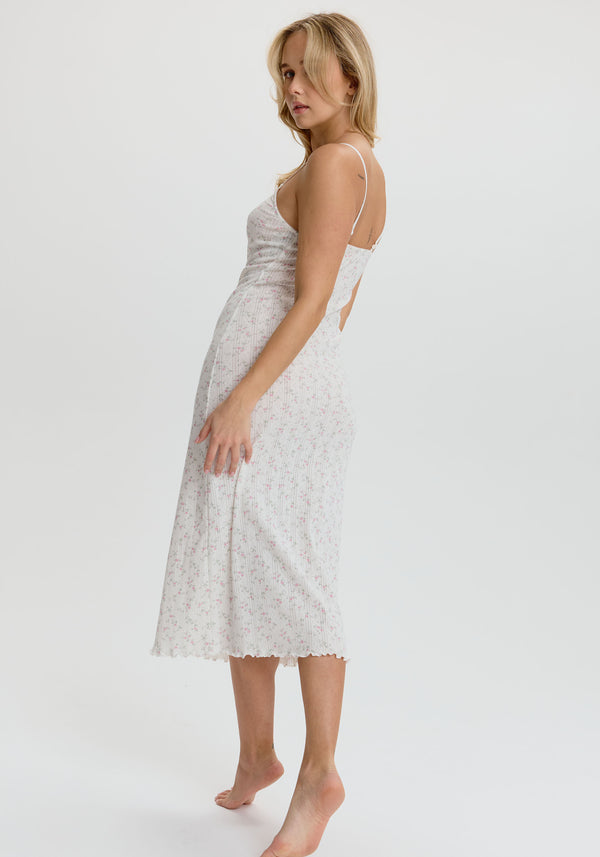 model is wearing an S midi dress - multi,white dream cotton pointelle midi dress