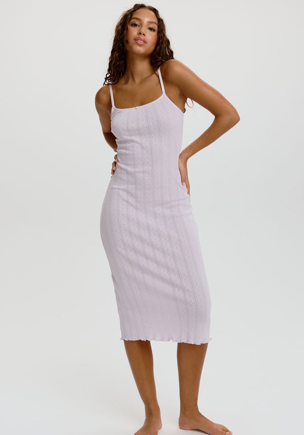 model is wearing an XS midi dress - purple dream cotton pointelle midi dress
