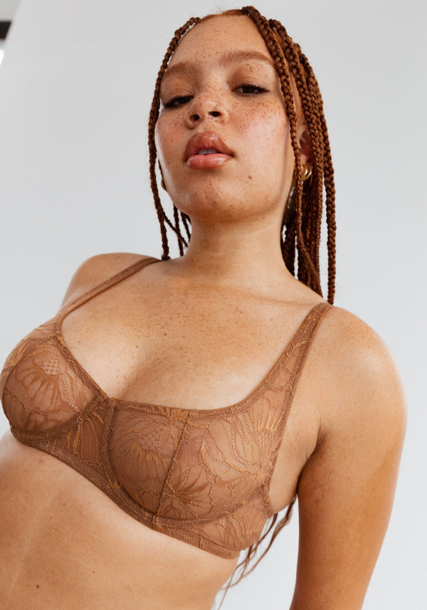 model is wearing a 34C bra-brown euphoria unlined balconette bra