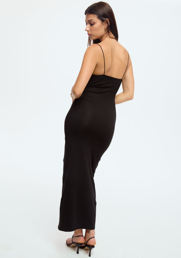 model is wearing an S maxi dress-black ace maxi dress