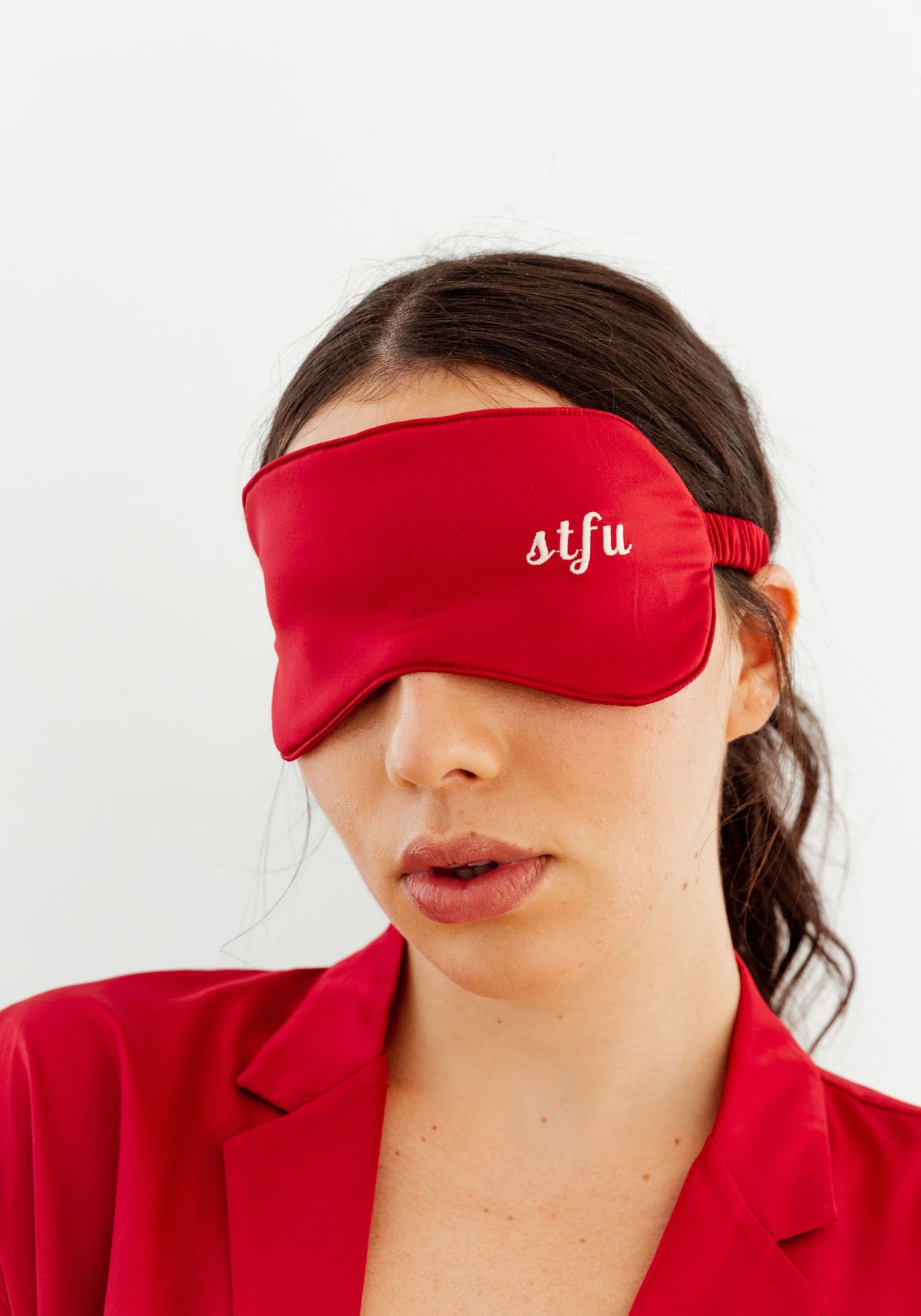 model is wearing an O/S sleep mask-red play sleep mask