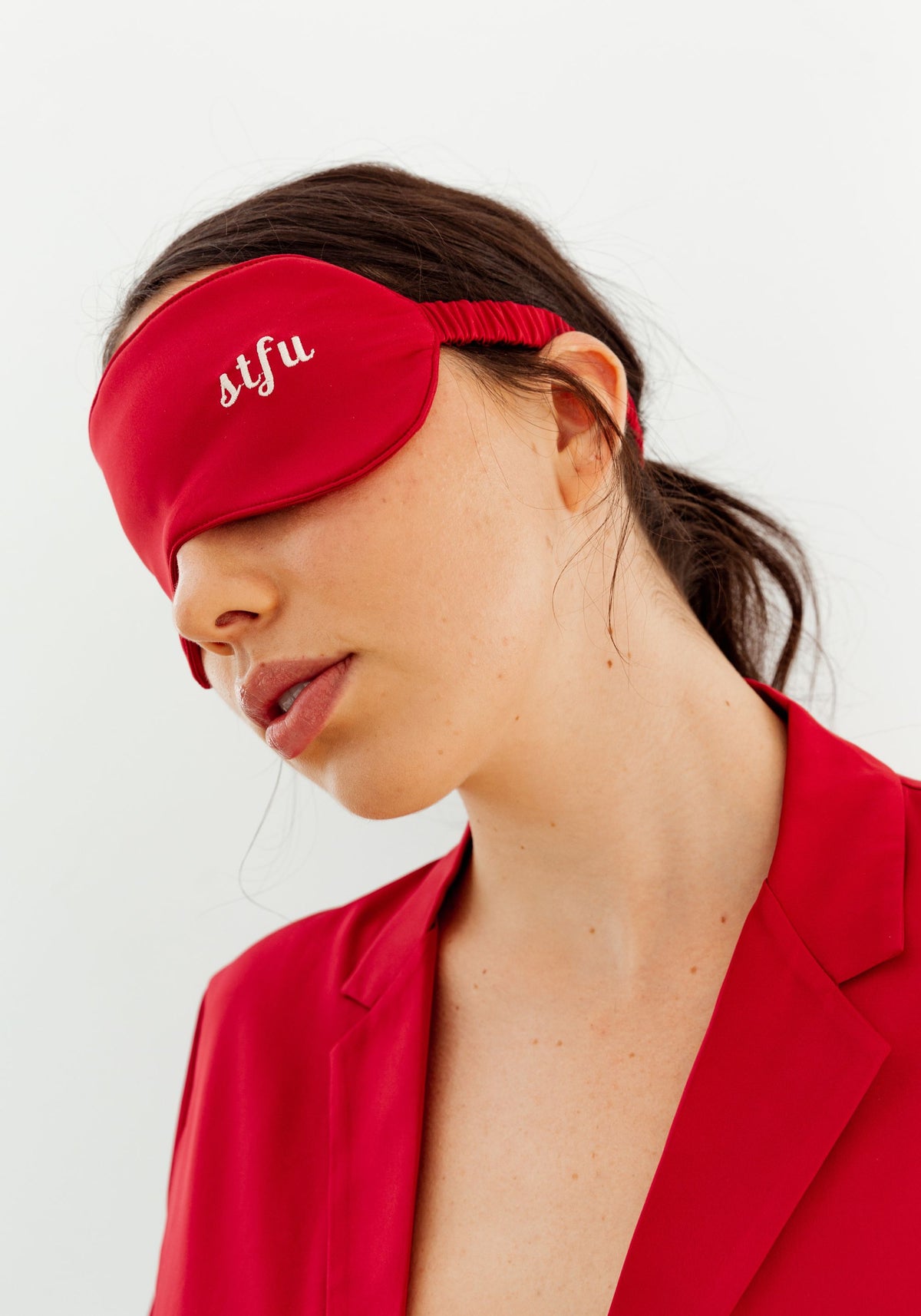 model is wearing an O/S sleep mask-red play sleep mask