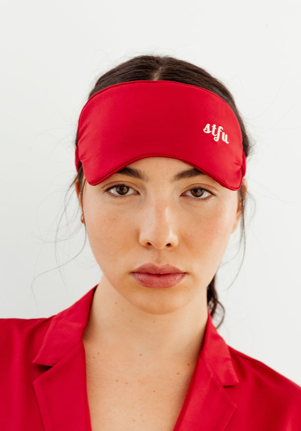 model is wearing an O/S sleep mask-red play sleep mask