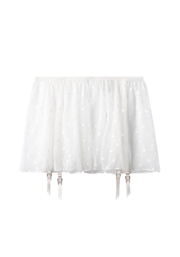 model is wearing an S/M garter belt-white coquette garter belt