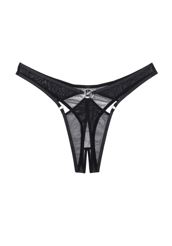 model is wearing an S panty-black axil crotchless thong