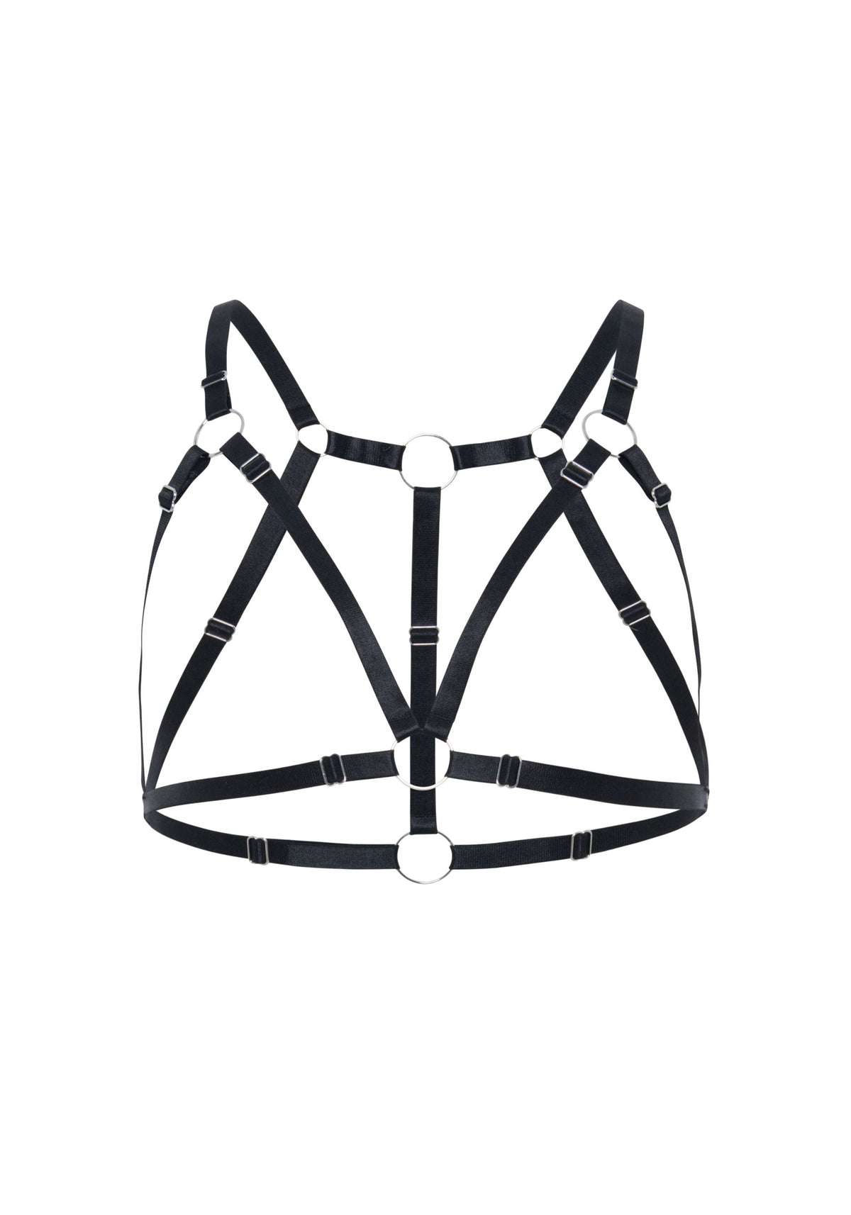model is wearing a size 1 bra harness - black saint reversible bra harness