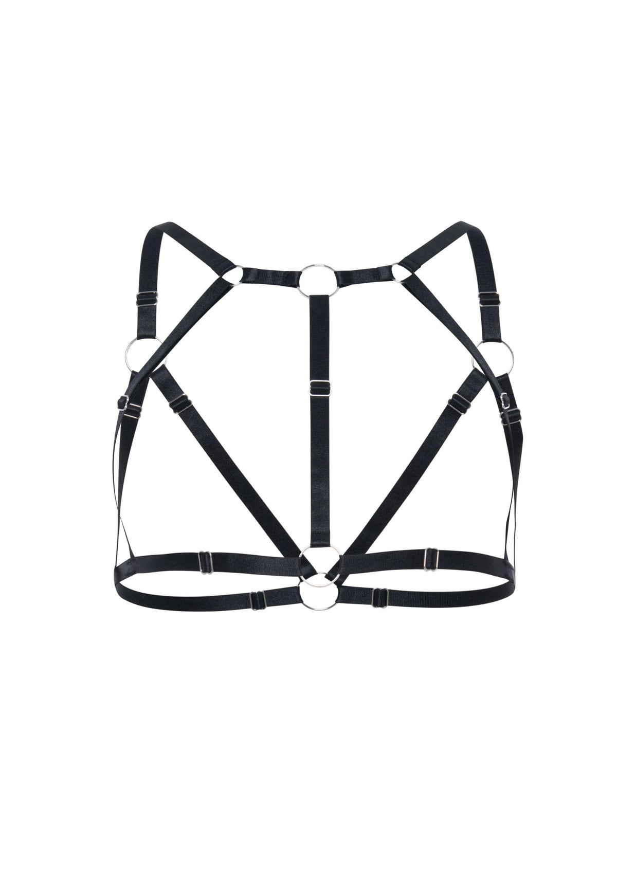 model is wearing a size 1 bra harness - black saint reversible bra harness