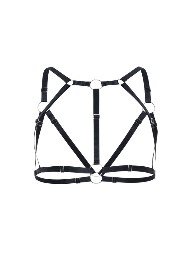 model is wearing a size 1 bra harness - black saint reversible bra harness
