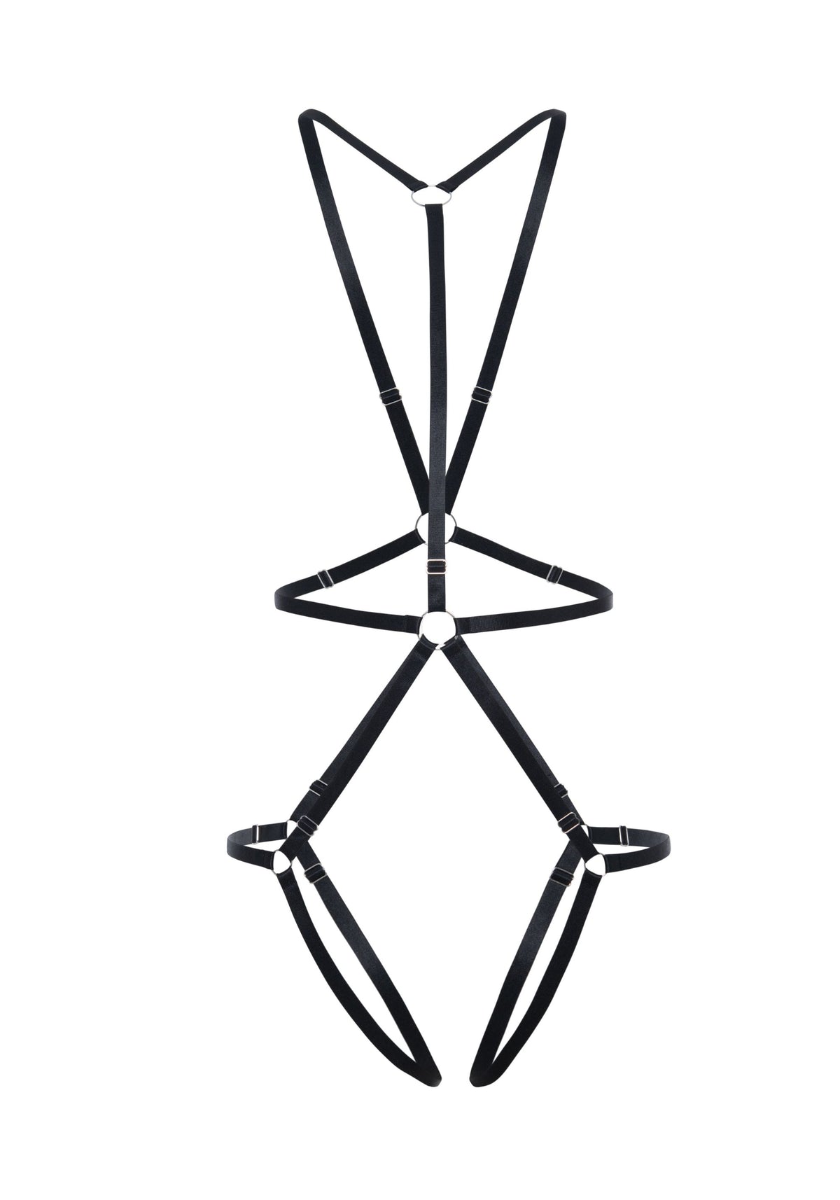 model is wearing a size 1 body harness - black saint reversible body harness