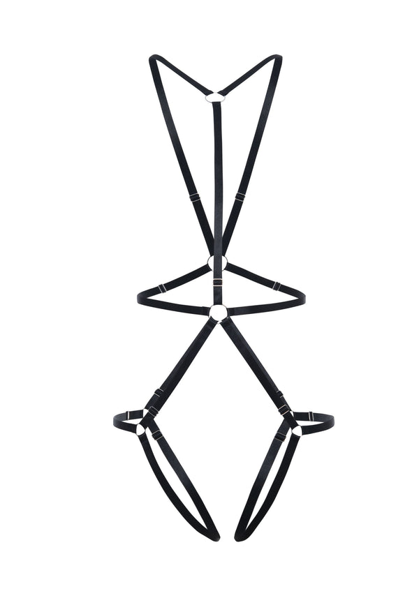 model is wearing a size 1 body harness - black saint reversible body harness