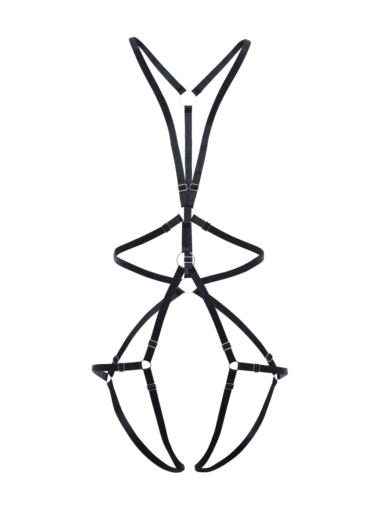 model is wearing a size 1 body harness - black saint reversible body harness