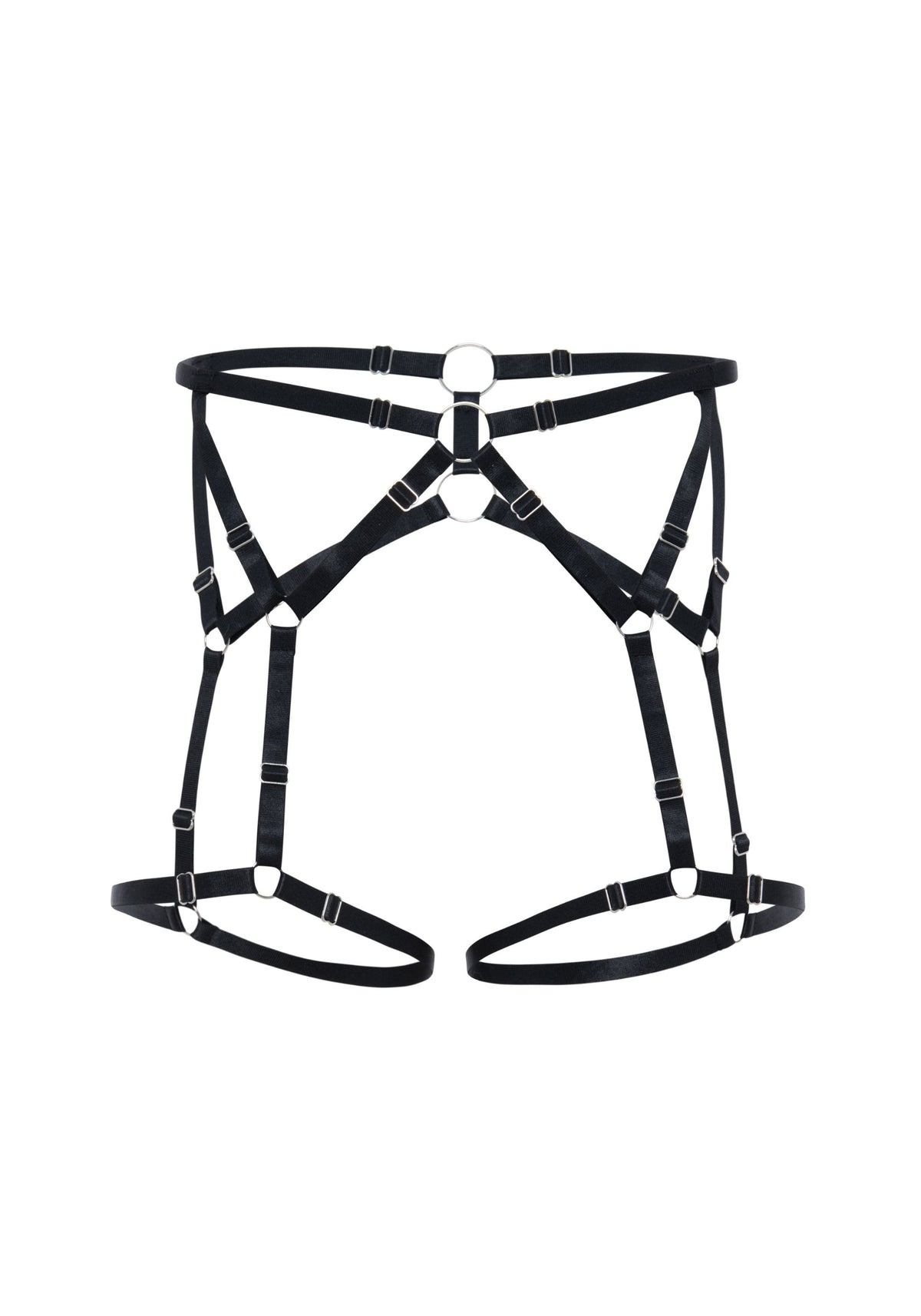 model is wearing a size 1 leg harness - black saint reversible leg harness