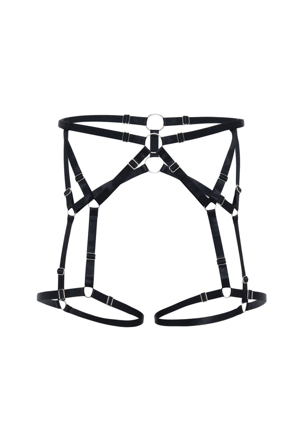 model is wearing a size 1 leg harness-black saint reversible leg harness