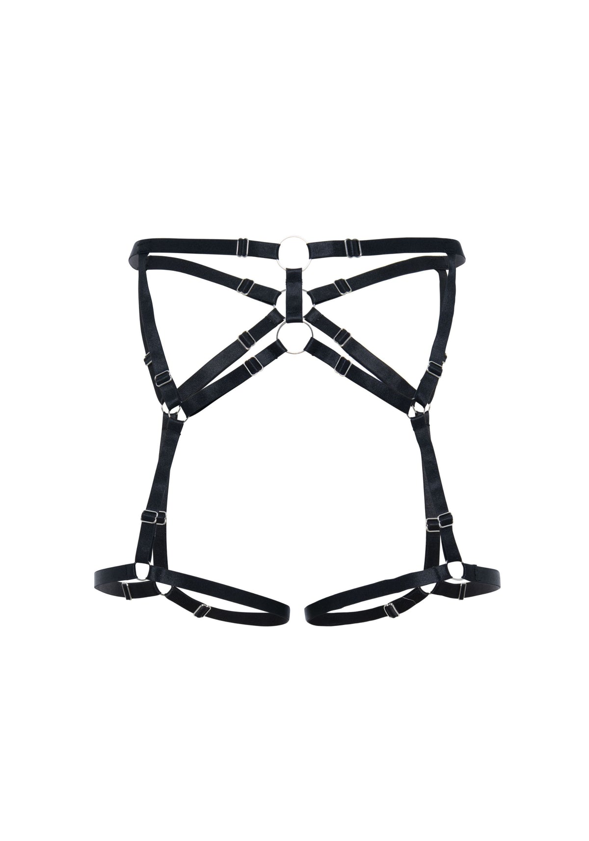 model is wearing a size 1 leg harness - black saint reversible leg harness