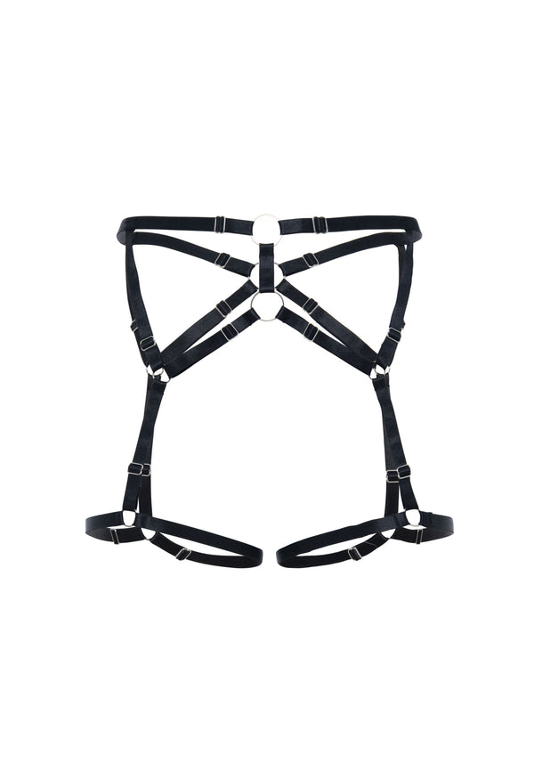model is wearing a size 1 leg harness-black saint reversible leg harness