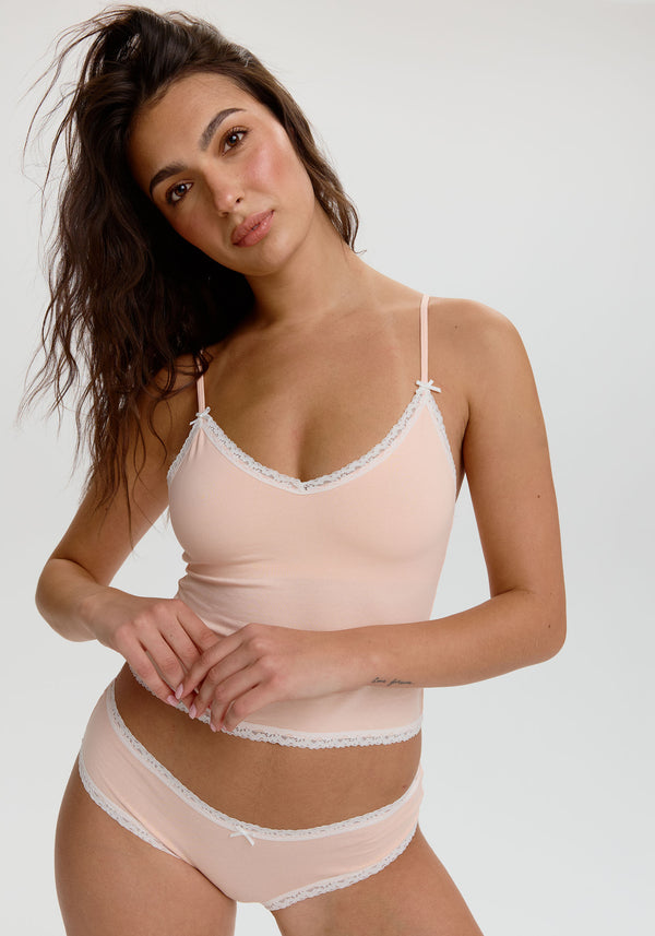 model is wearing an S cami - orange the cotton lace trim cami