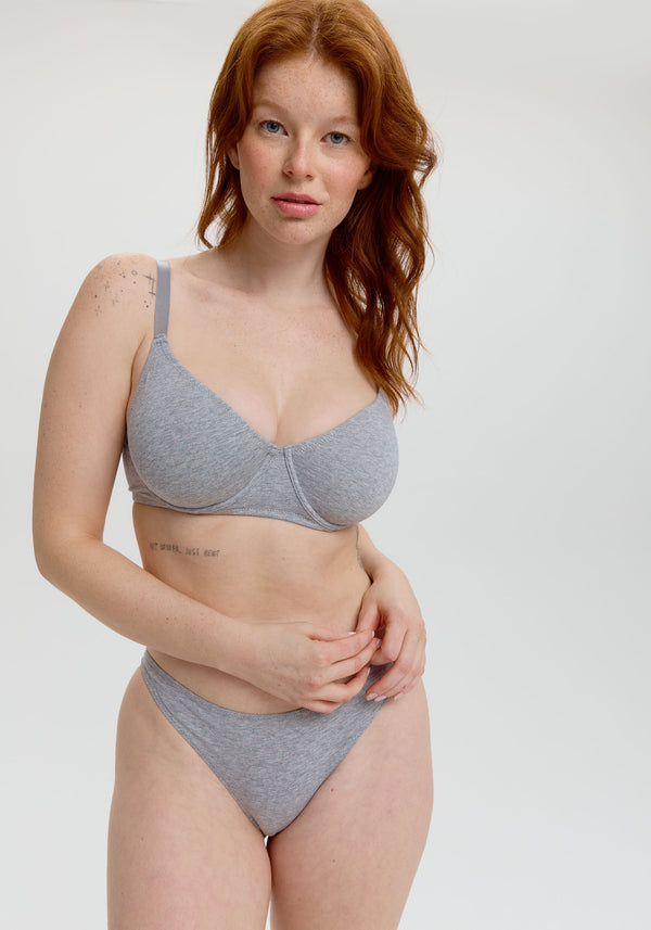 model is wearing a size 32DD bra-grey the cotton unlined molded bra