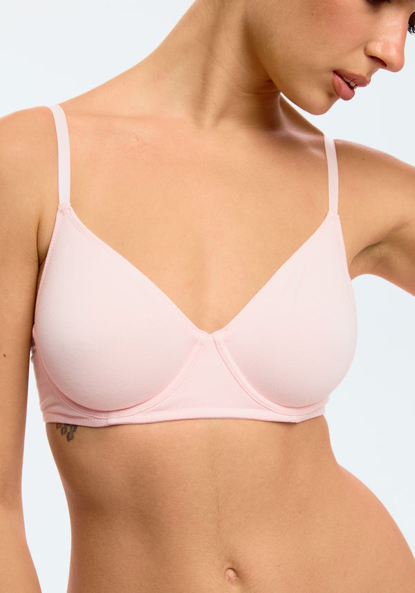 model is wearing a 32D bra-pink the cotton unlined molded bra