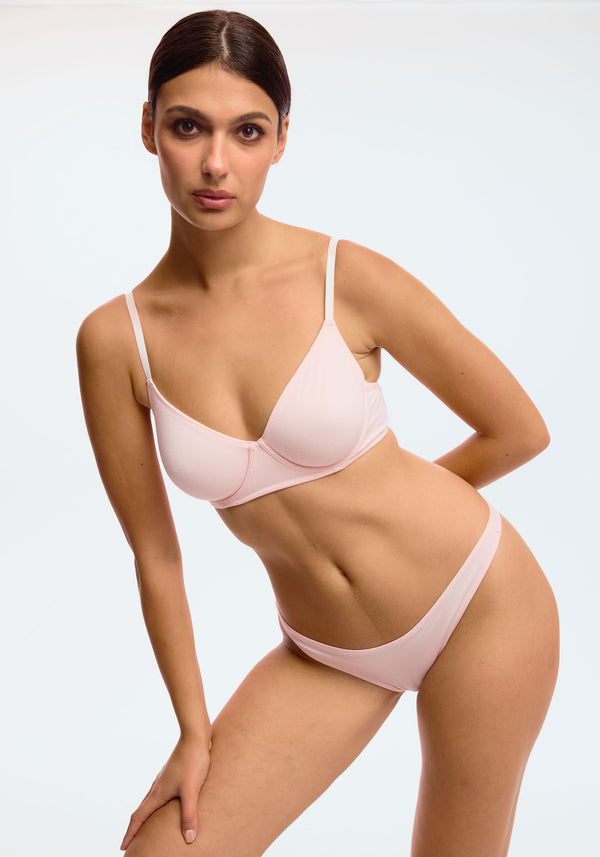 model is wearing a 32D bra-pink the cotton unlined molded bra