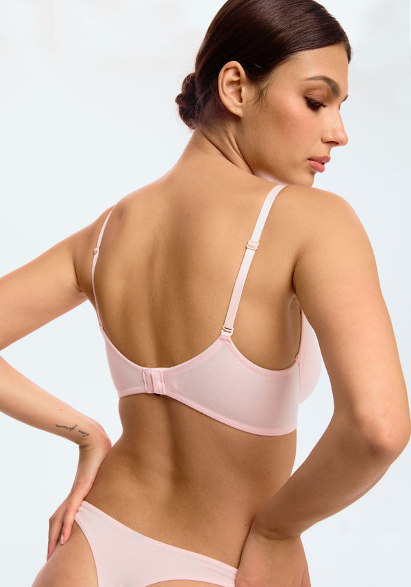 model is wearing a 32D bra-pink the cotton unlined molded bra