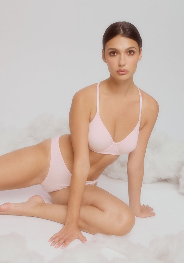model is wearing a 32D bra-pink the cotton unlined molded bra