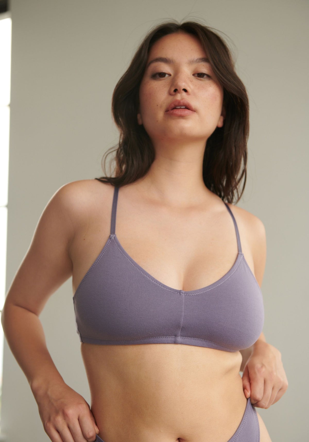 model is wearing an M bralette-purple the cotton bralette