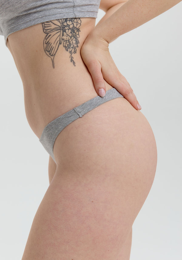 model is wearing an S panty-grey the cotton low rise thong